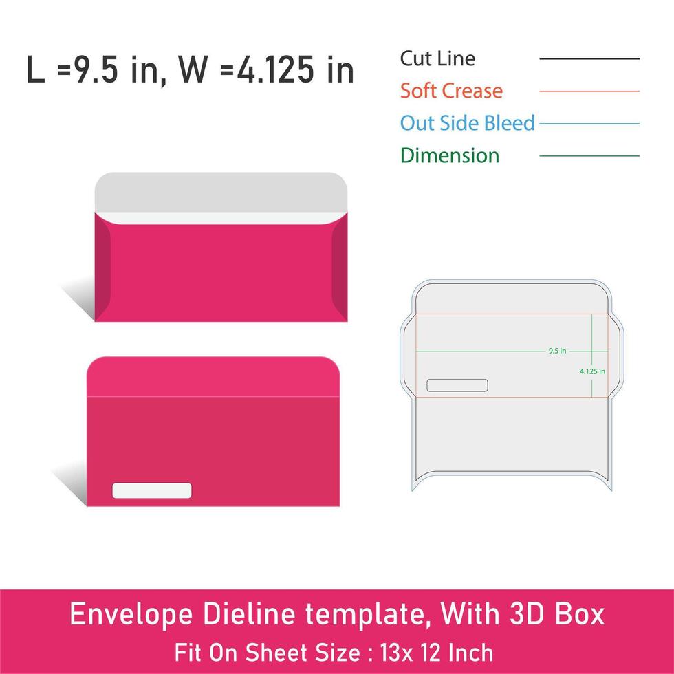 Envelope Die line template design, With 3D Box, Size 9.5 x 4.125 in, File vector