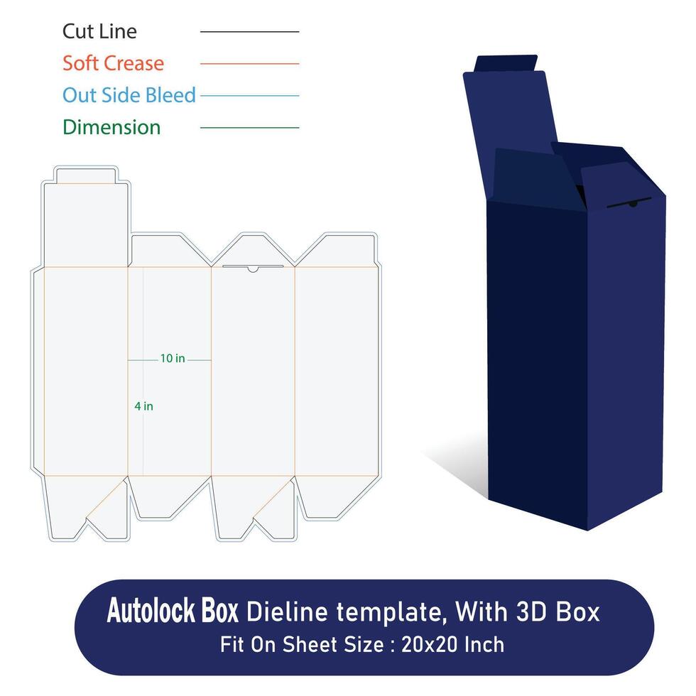 Auto lock box Size 4 x 10 in, Die line template, With 3D Box, File vector