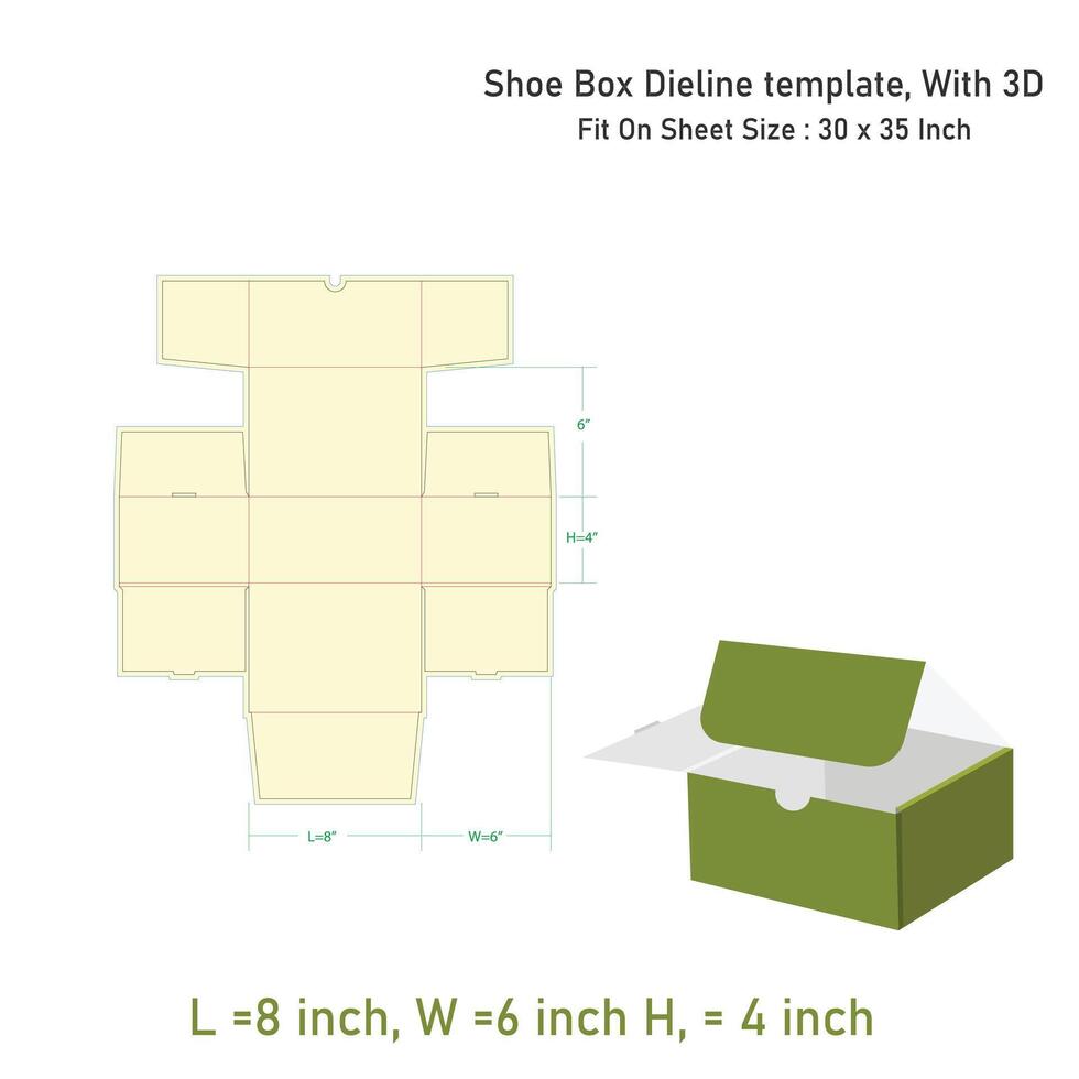 Shoe Box Die line template, With 3D 8 x 6x 4 inch, File vector
