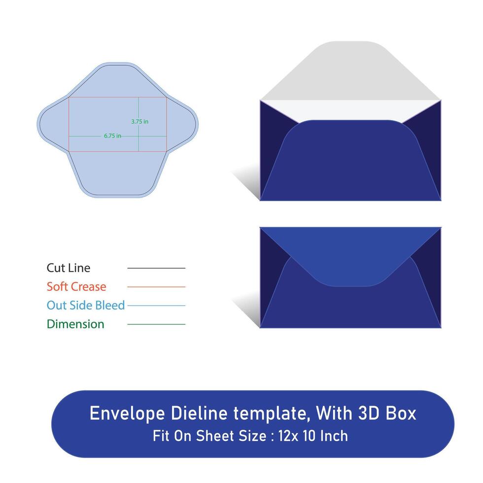 Envelope Dieline template, And 3D Box, Size 6.75 x 3.75, File vector