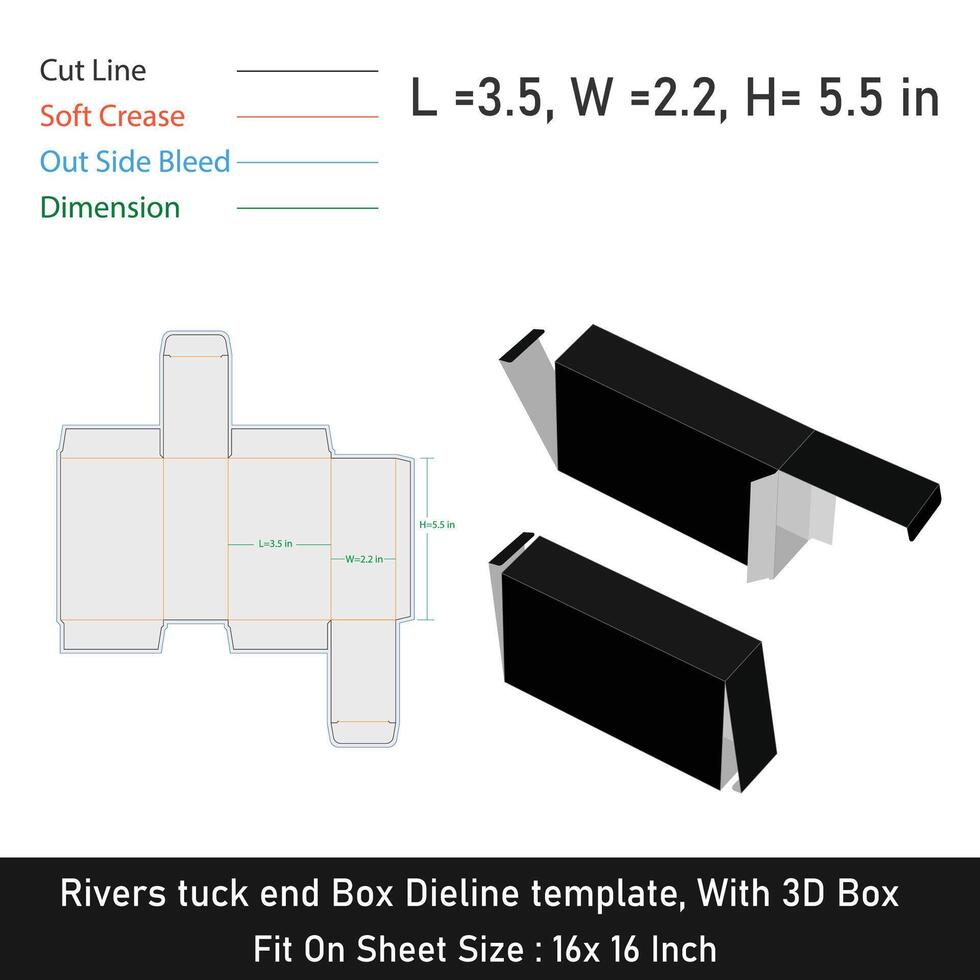 Rivers tuck end Box Die line template, With 3D Box, Size 3.5x22x55 inch vector