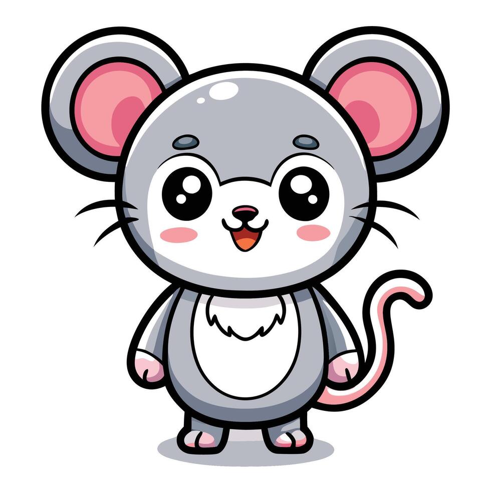 Cute cartoon mouse with big eyes and a happy expression, standing on a white background. vector