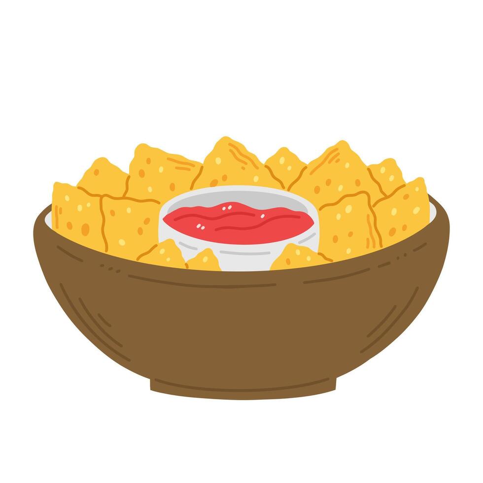 A plate with nachos and red salsa sauce in cartoon flat style isolated on white background. illustration with Mexican traditional food vector