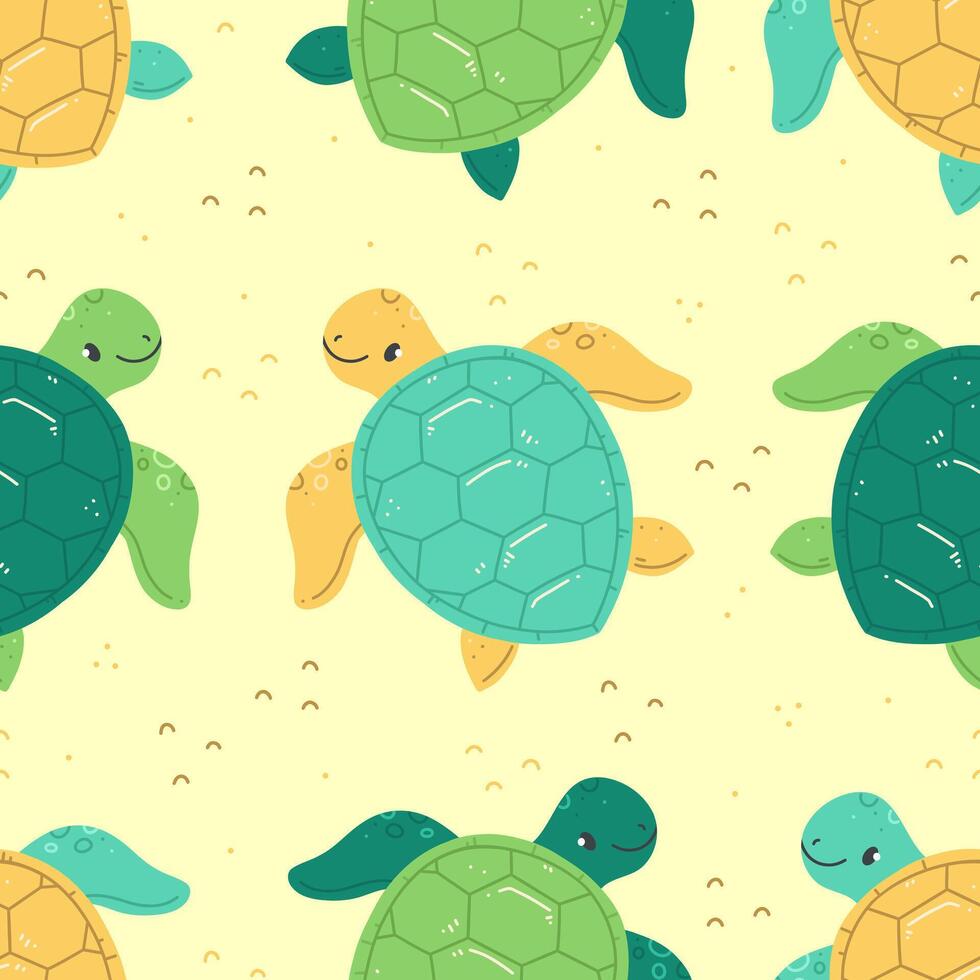 Seamless pattern with cute cartoon sea turtles on a yellow sand background. summer illustration background vector