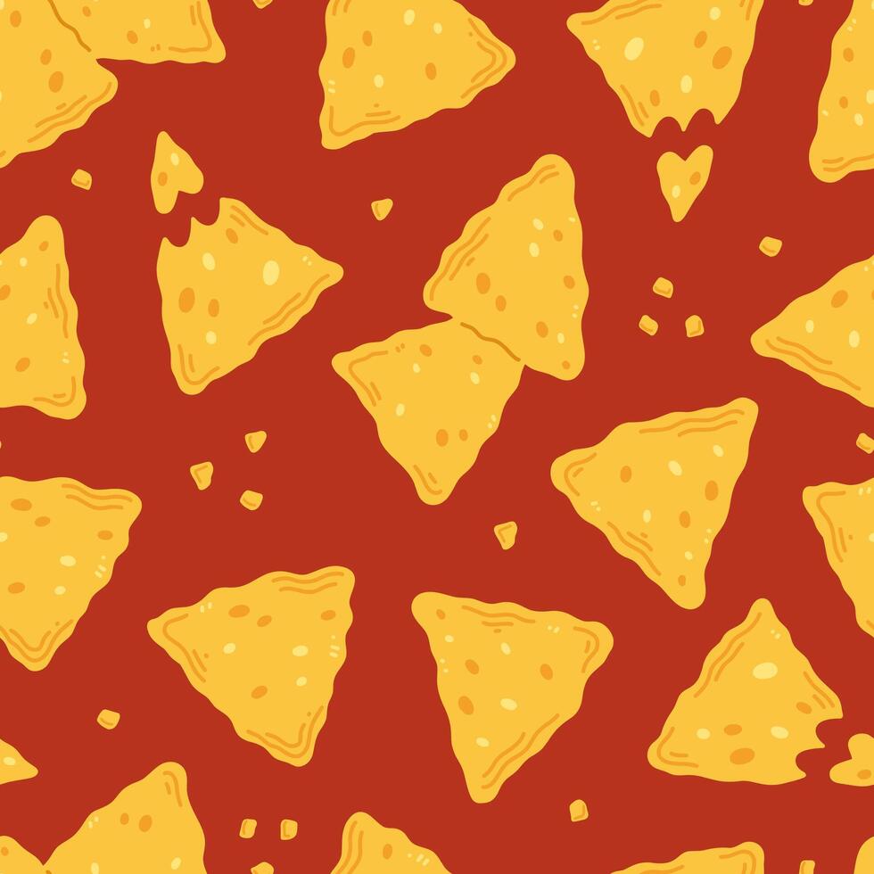 Seamless pattern with nachos snack in cartoon flat style on a red background. illustration background with traditional Mexican food vector