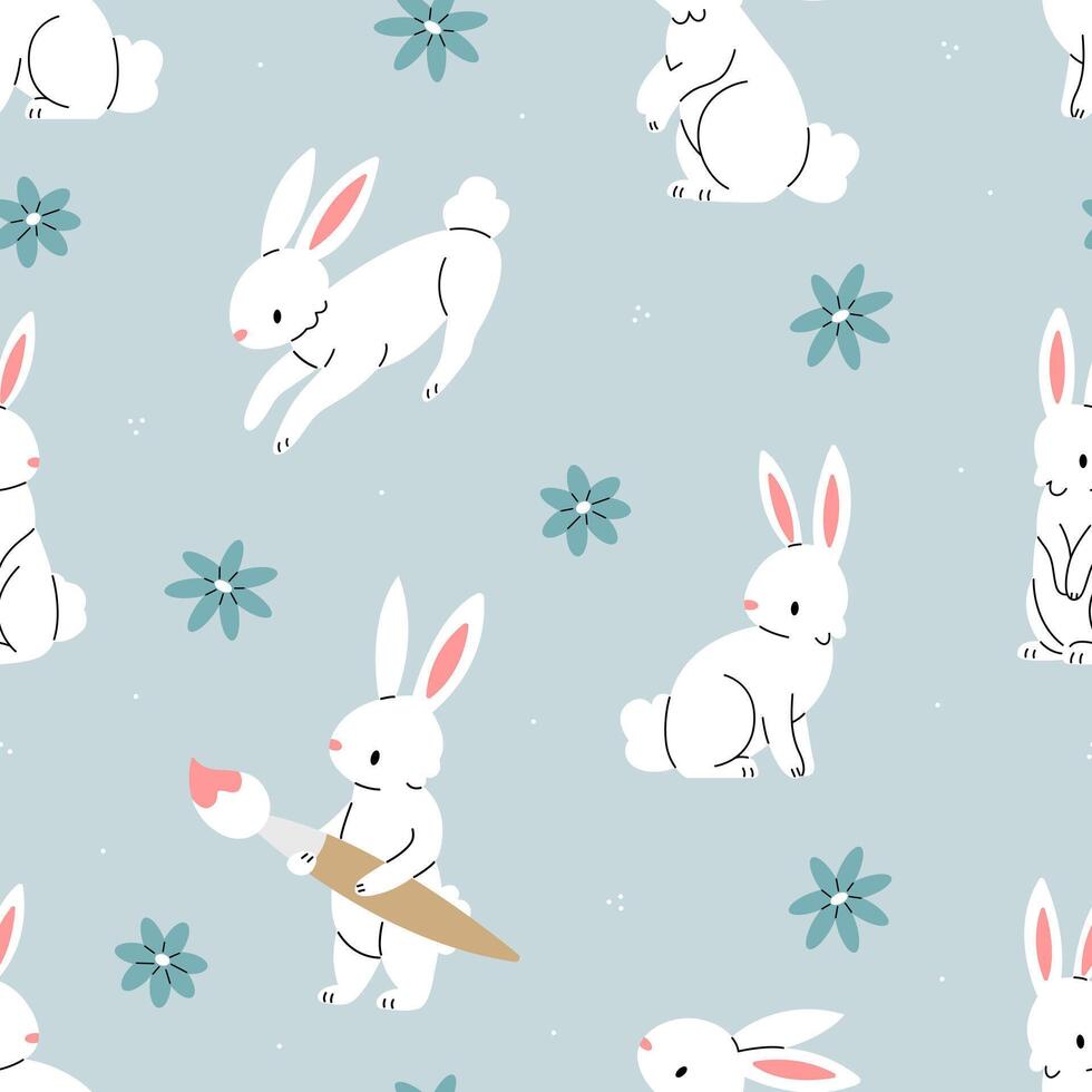 Seamless pattern with white bunnies and flowers on a blue background. Easter illustration background. Flat illustration. vector