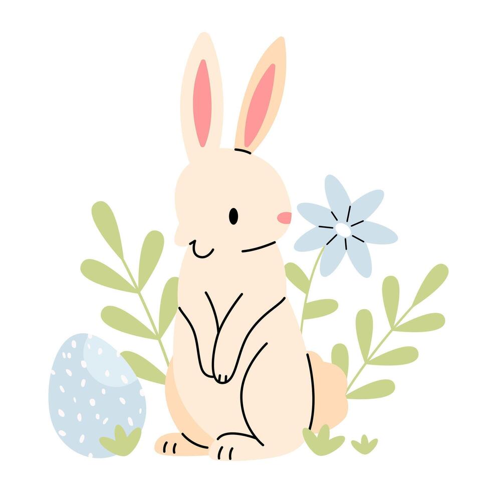 Cute bunny with blue flowers and Easter eggs concept. Easter flat illustration isolated on a white background. vector