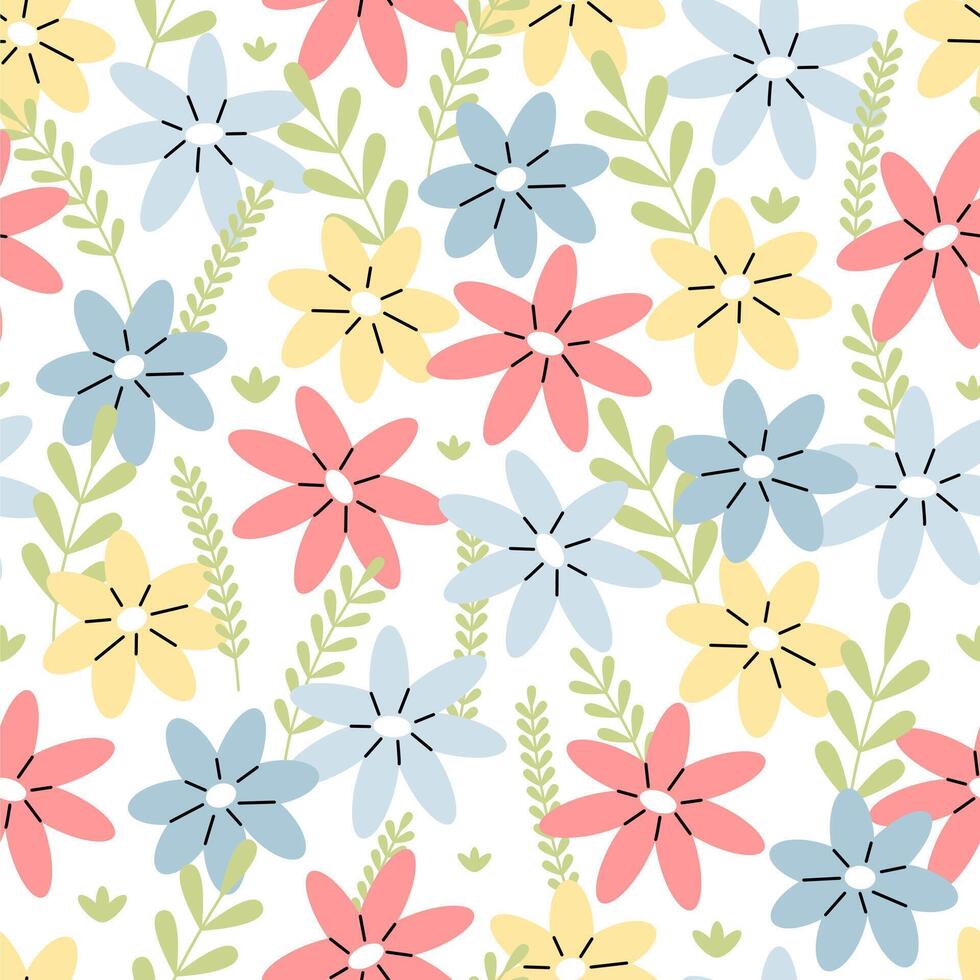 Seamless pattern with multicolored flowers on a white background. floral illustration background. Flat illustration. vector