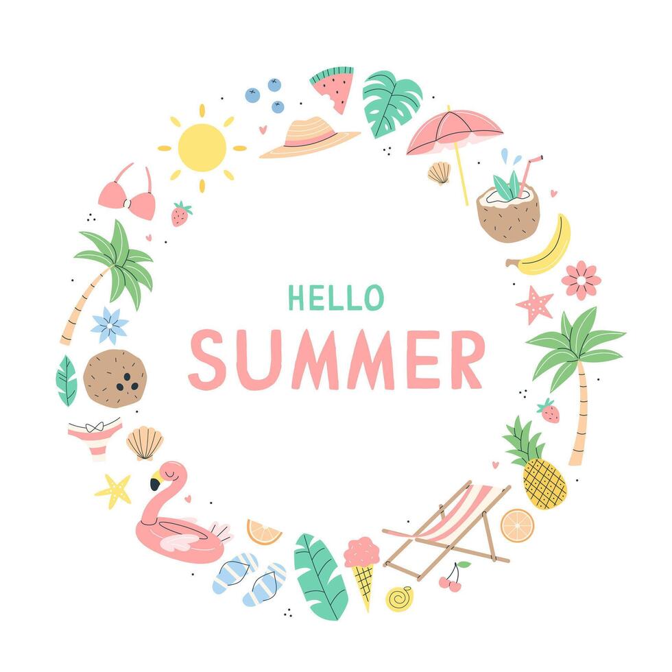 Hello summer card with summer items. Summer frame. flat illustration. vector