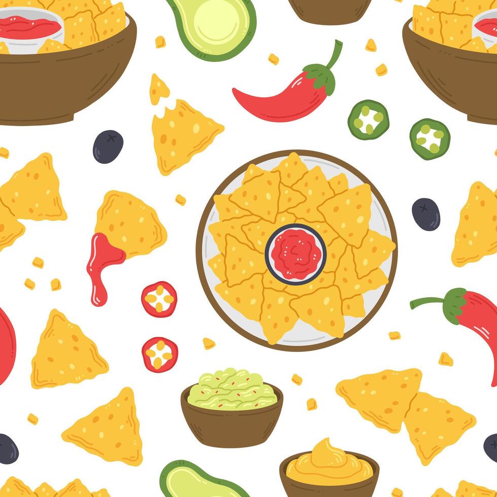 Seamless pattern with nachos snacks, sauces and peppers in cartoon flat style on a white background. illustration of a background with traditional Mexican food vector