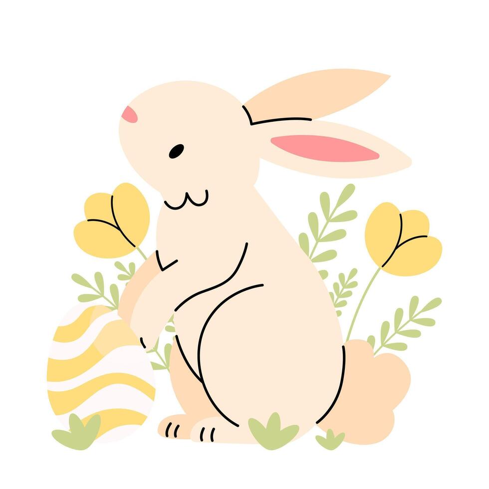 Cute bunny with yellow flowers and Easter eggs concept. Easter flat illustration isolated on a white background. vector