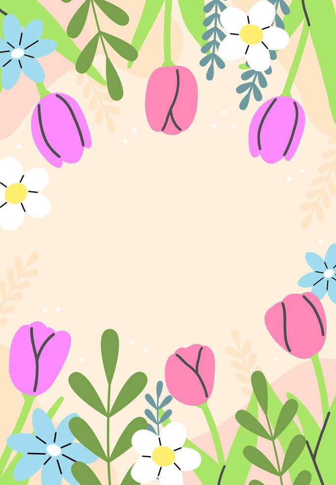Spring poster with flowers and leaves with space for your text. flat illustration template. vector