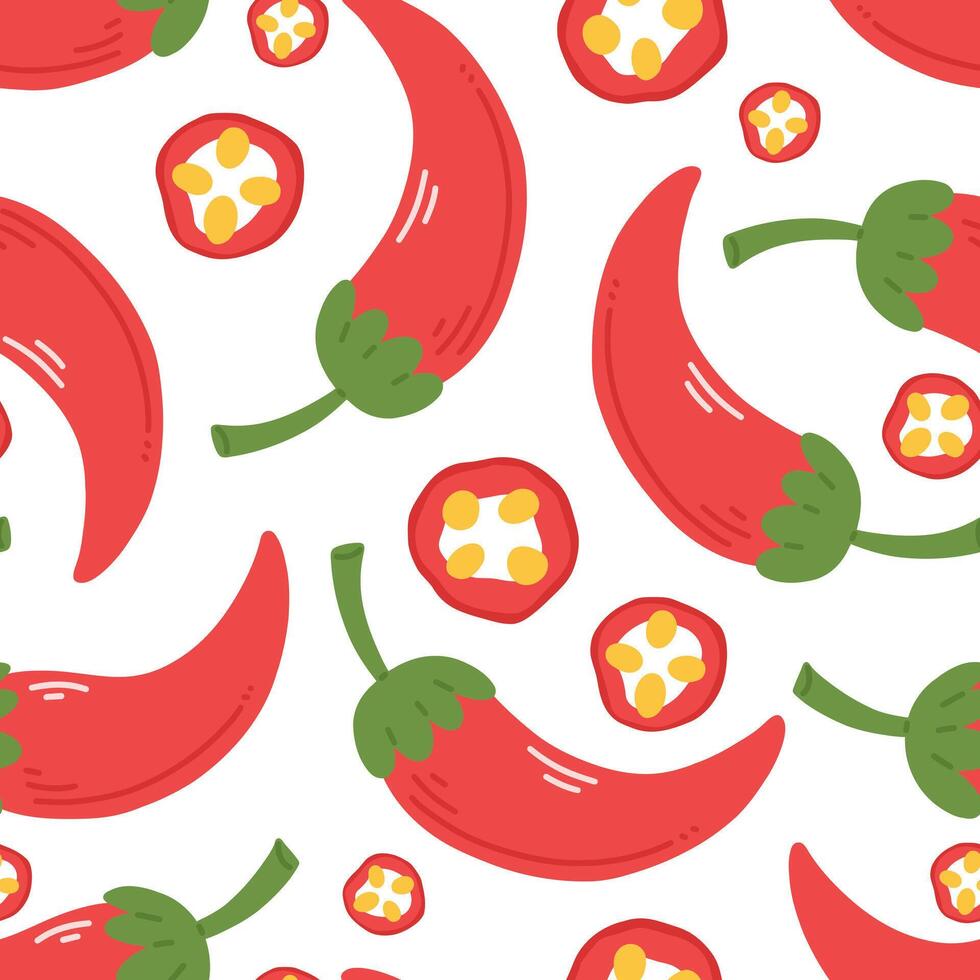 Seamless pattern with red peppers in cartoon flat style on a white background. illustration of a chili pepper background. vector