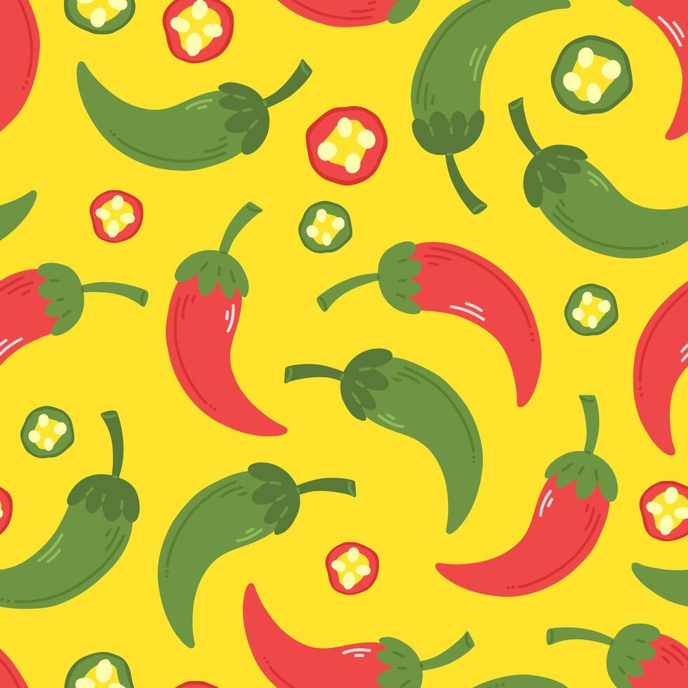 Seamless pattern with red and green peppers in cartoon flat style on a yellow background. illustration of a background with chili peppers and jalapenos. vector