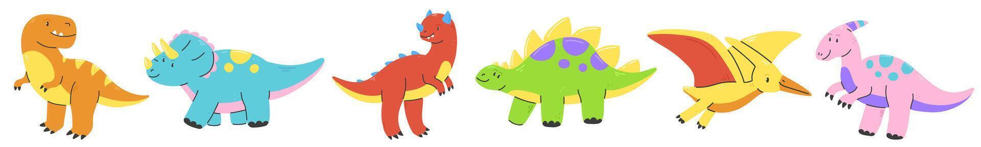 Cute cartoon dinosaurs set collection. flat children's illustration with multicolored dinosaurs isolated on a white background. vector