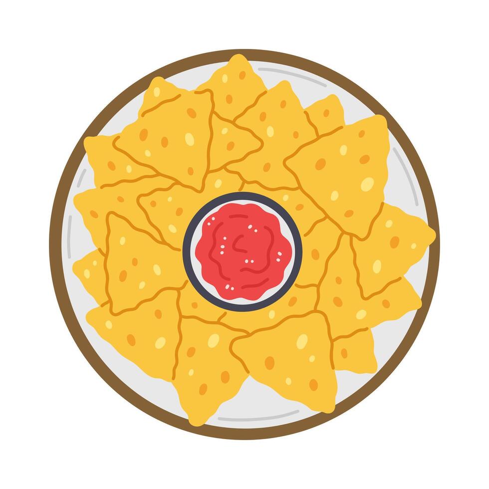 A plate with nachos and red salsa sauce in cartoon flat style isolated on white background top view. illustration with Mexican traditional food. vector