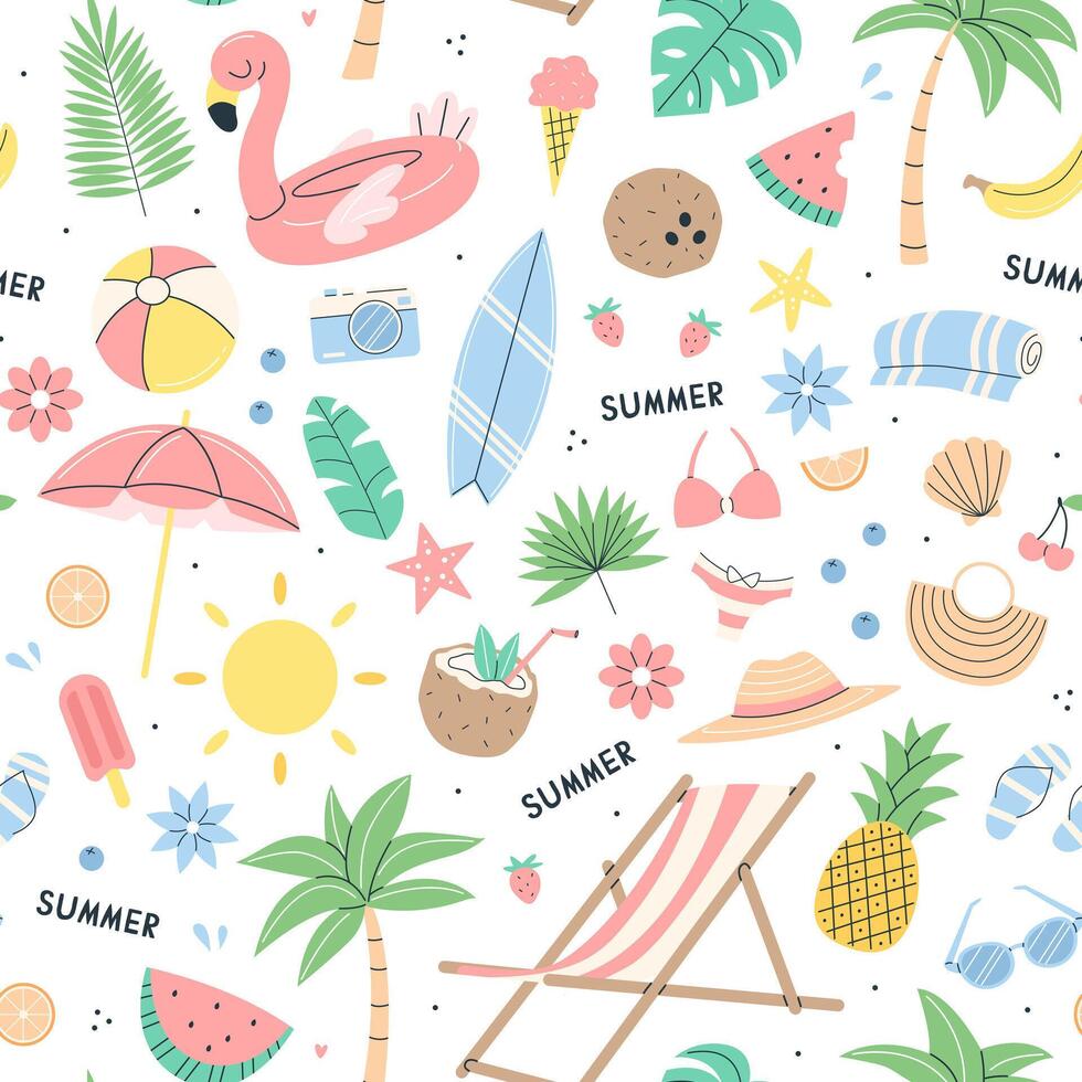 Cute summer seamless pattern with summer items on a white background. flat illustration background. vector