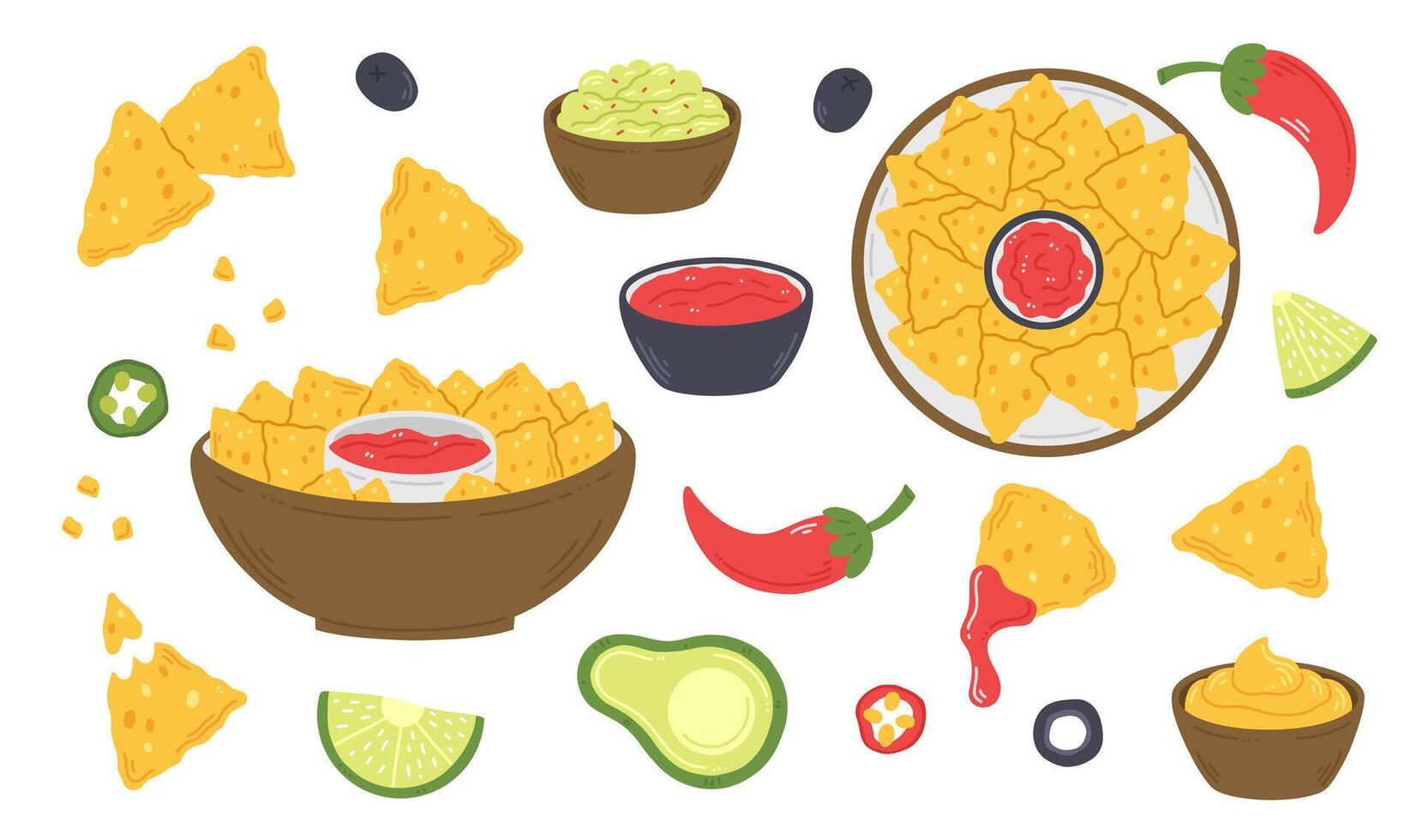 A set of Mexican snack nachos in a flat cartoon style isolated on a white background. clipart illustration of Mexican traditional food vector