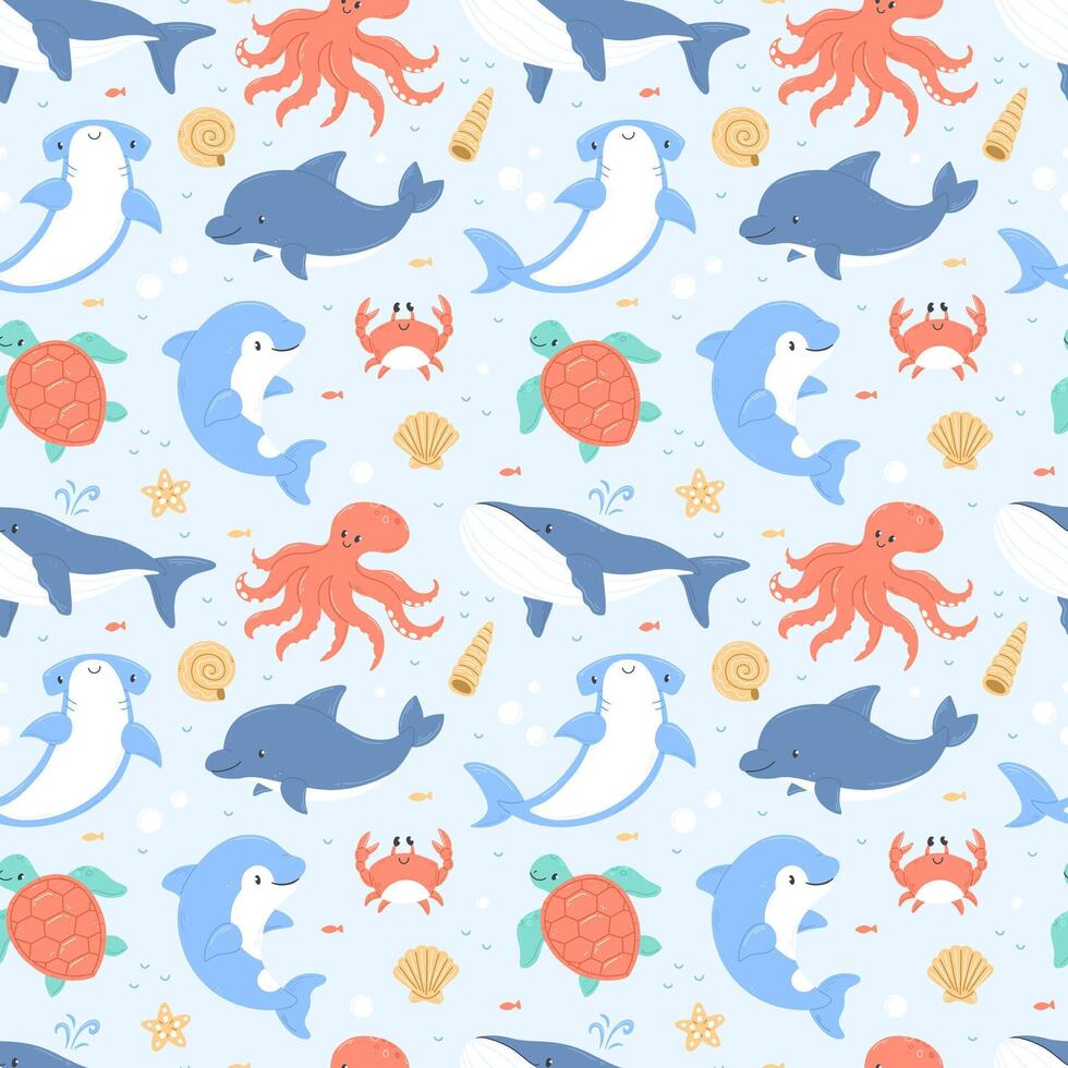 Ocean animals seamless cartoon blue pattern. Background pattern with dolphin, crab, whale, turtle, octopus, shark, killer whale. vector