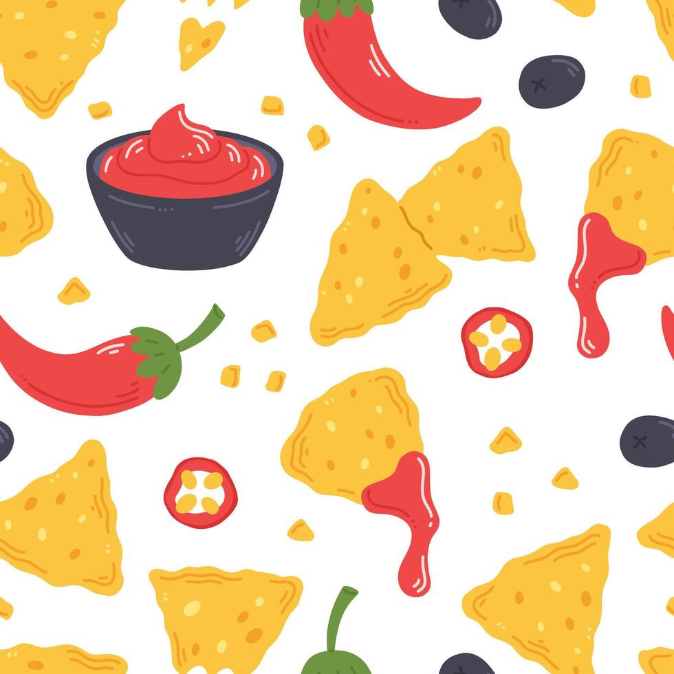 Seamless pattern with nachos snack, salsa sauce and peppers in cartoon flat style on a white background. illustration of a background with traditional Mexican food vector
