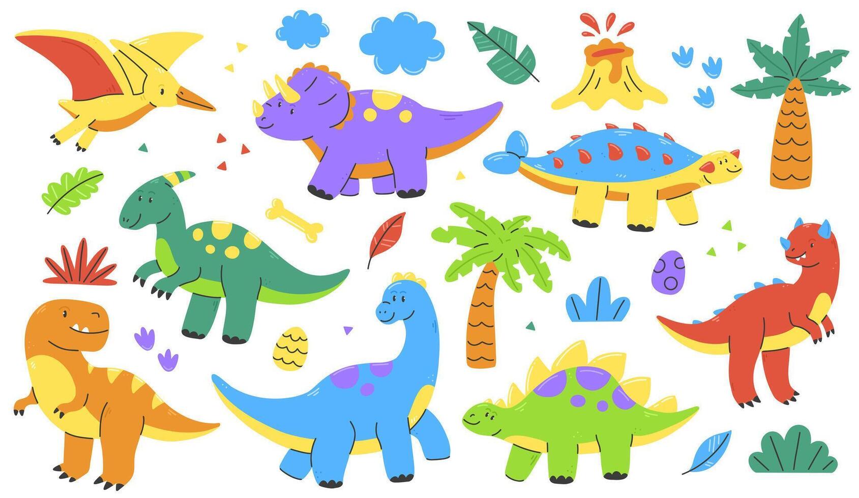 Cute colorful cartoon dinosaurs set collection. flat children's illustration with multicolored dinosaurs isolated on a white background. vector