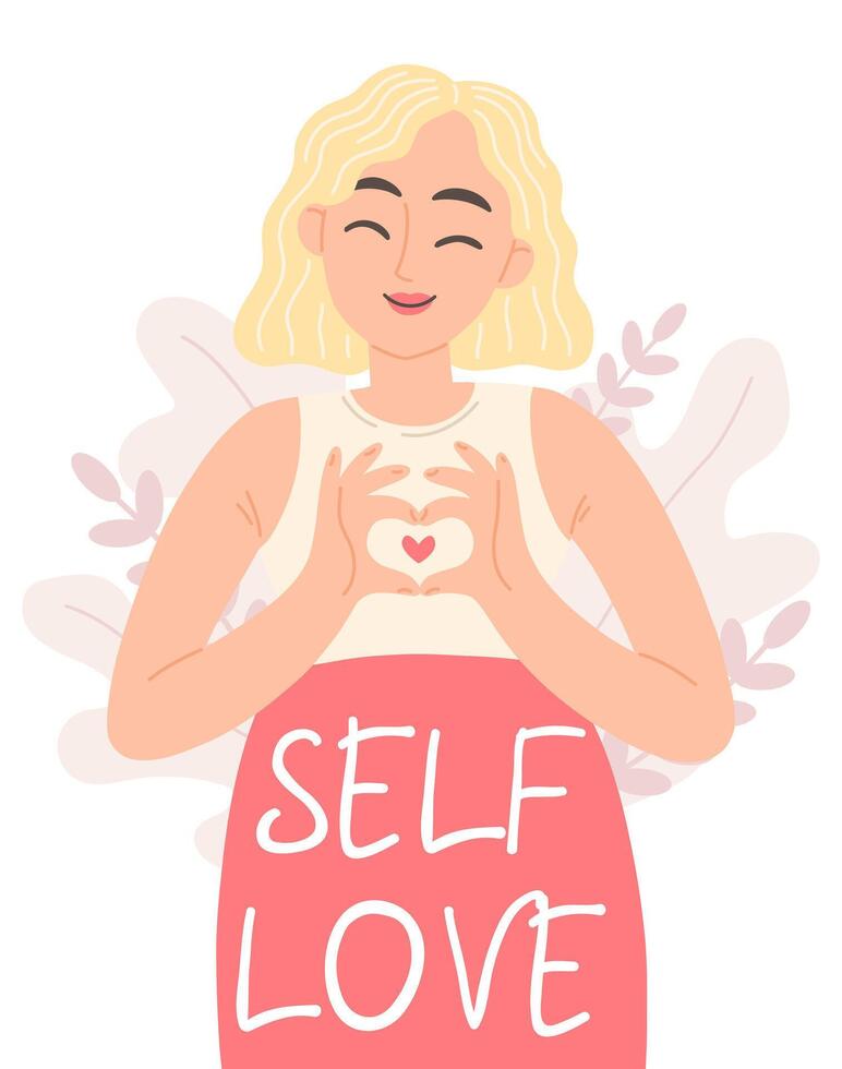 A happy woman shows heart with her hands with text self love. Self love design concept. illustration vector