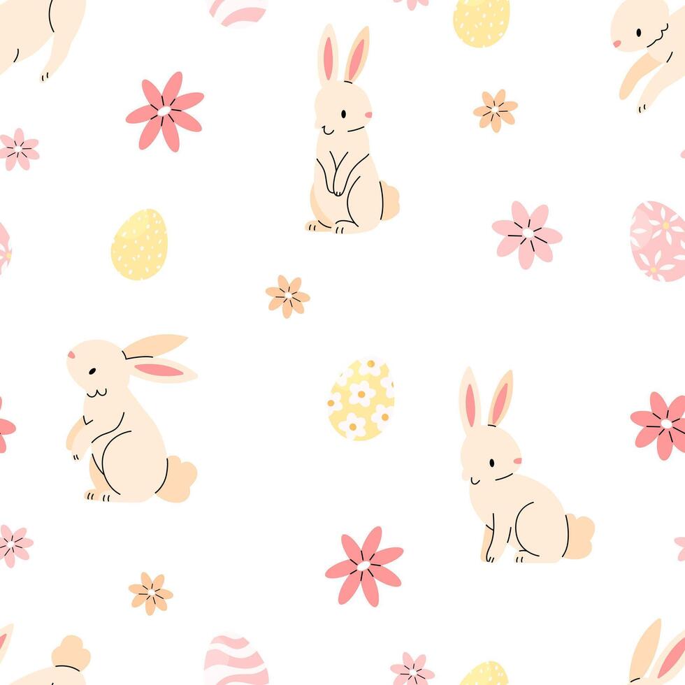 Seamless pattern with bunnies, Easter eggs and flowers on a white background. Easter illustration background. Flat illustration. vector