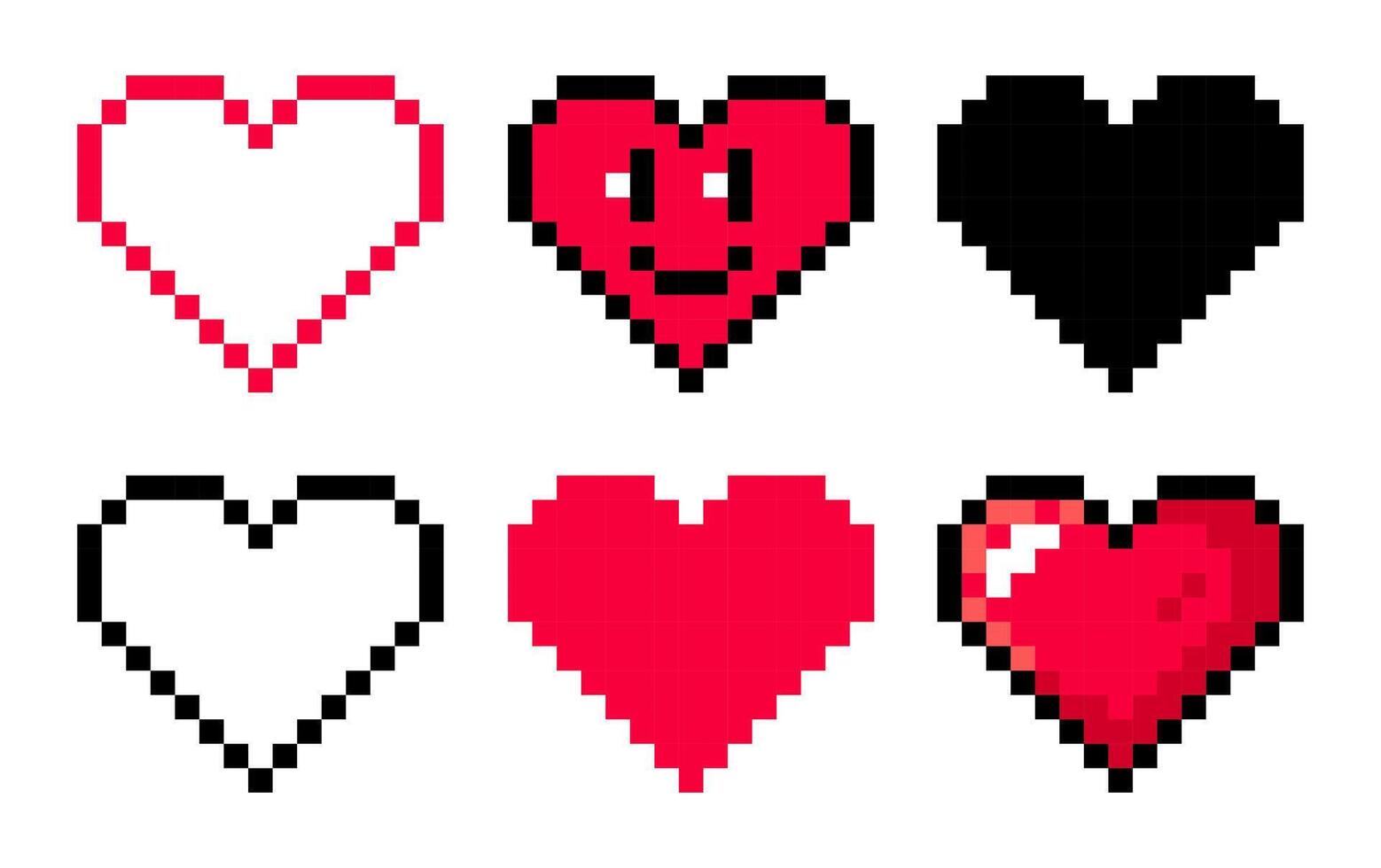 Pixel art set with cute different hearts isolated on a white background. 8bit pixel illustration vector