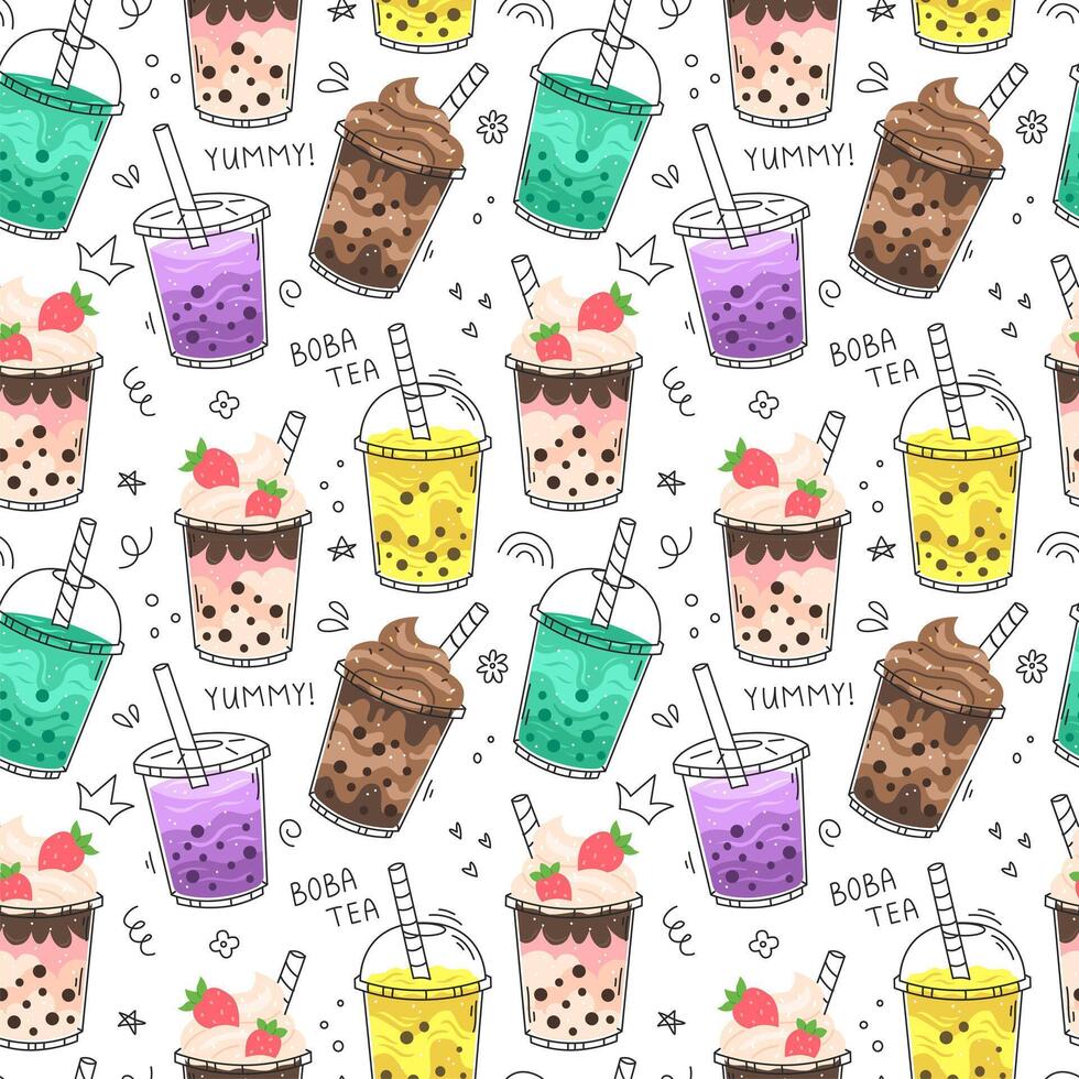 Doodle bubble tea seamless pattern with white background. illustration. vector