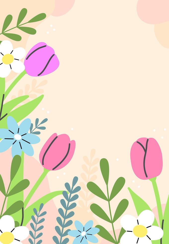 Spring postcard poster with tulips flowers and leaves with space for your text. flat illustration template. vector