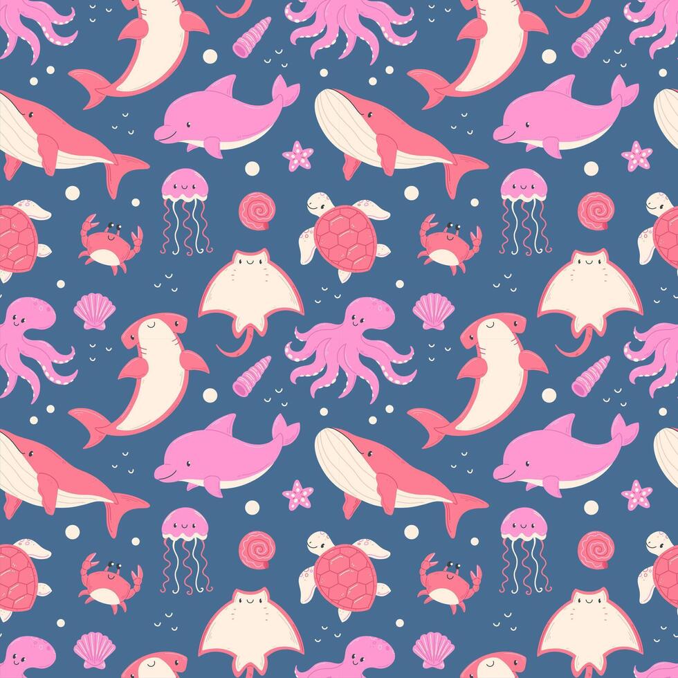 Pink sea animals seamless cartoon blue pattern. Background pattern with dolphin, crab, whale, turtle, octopus, shark, jellyfish vector