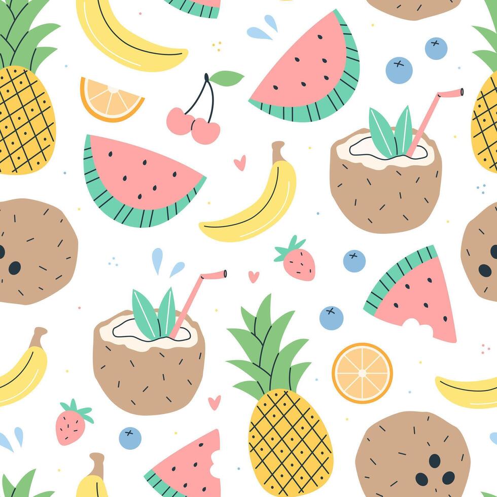 Cute summer seamless pattern with fruits and berries on a white background. flat illustration background. vector