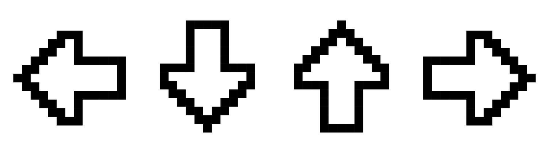 Pixel art set with four black and white arrows turned in different directions isolated on a white background. 8bit pixel illustration. vector