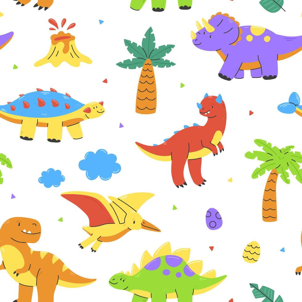 Seamless pattern with cute dinosaurs on white background. Dino Illustration background. vector
