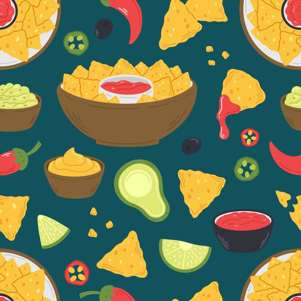 Seamless pattern with nachos snacks, sauces and peppers in cartoon flat style on a dark green background. illustration of a background with traditional Mexican food vector
