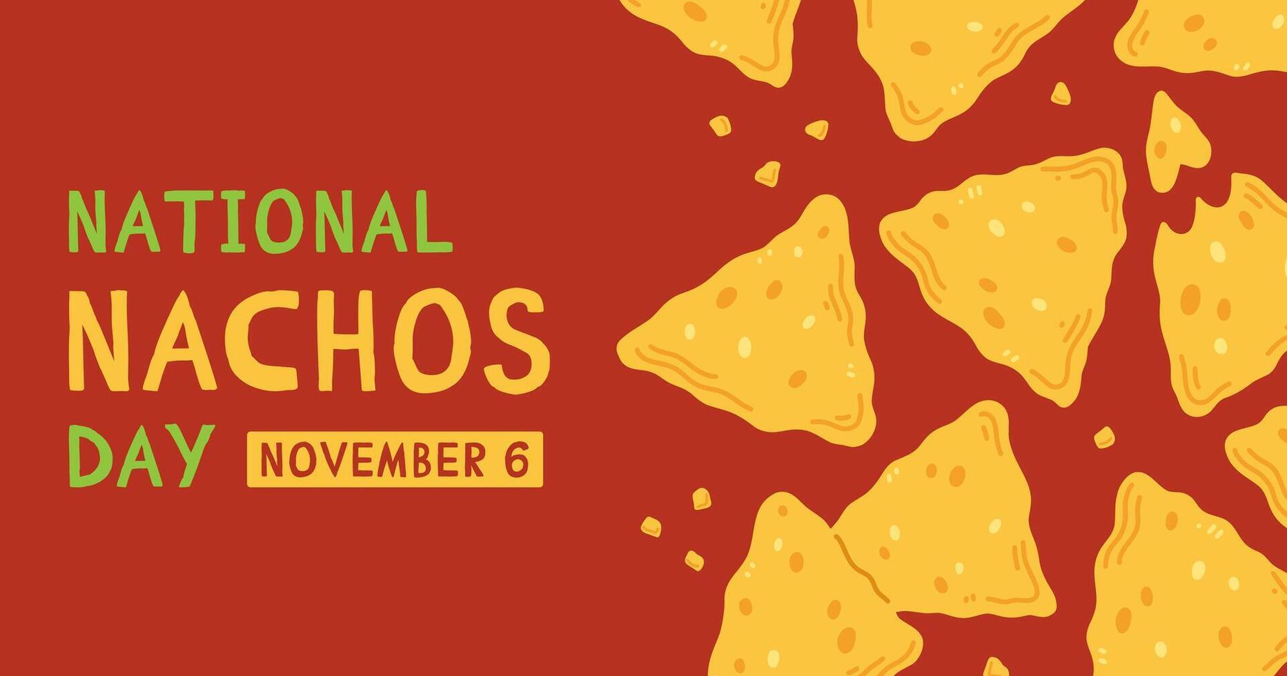 National nachos Day banner design. Mexican snack nachos in a cartoon flat style on red background. illustration of traditional Mexican food vector