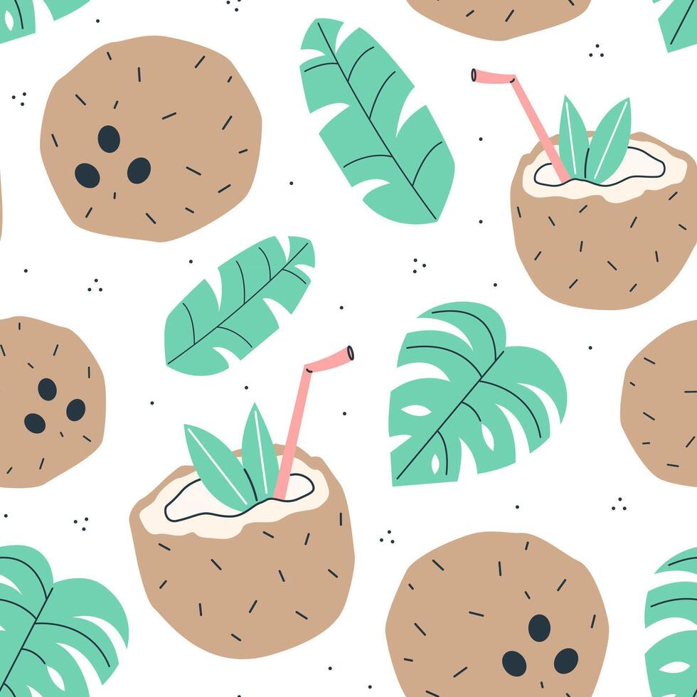 Cute summer seamless pattern with coconuts and tropical leaves on a white background. flat illustration background. vector