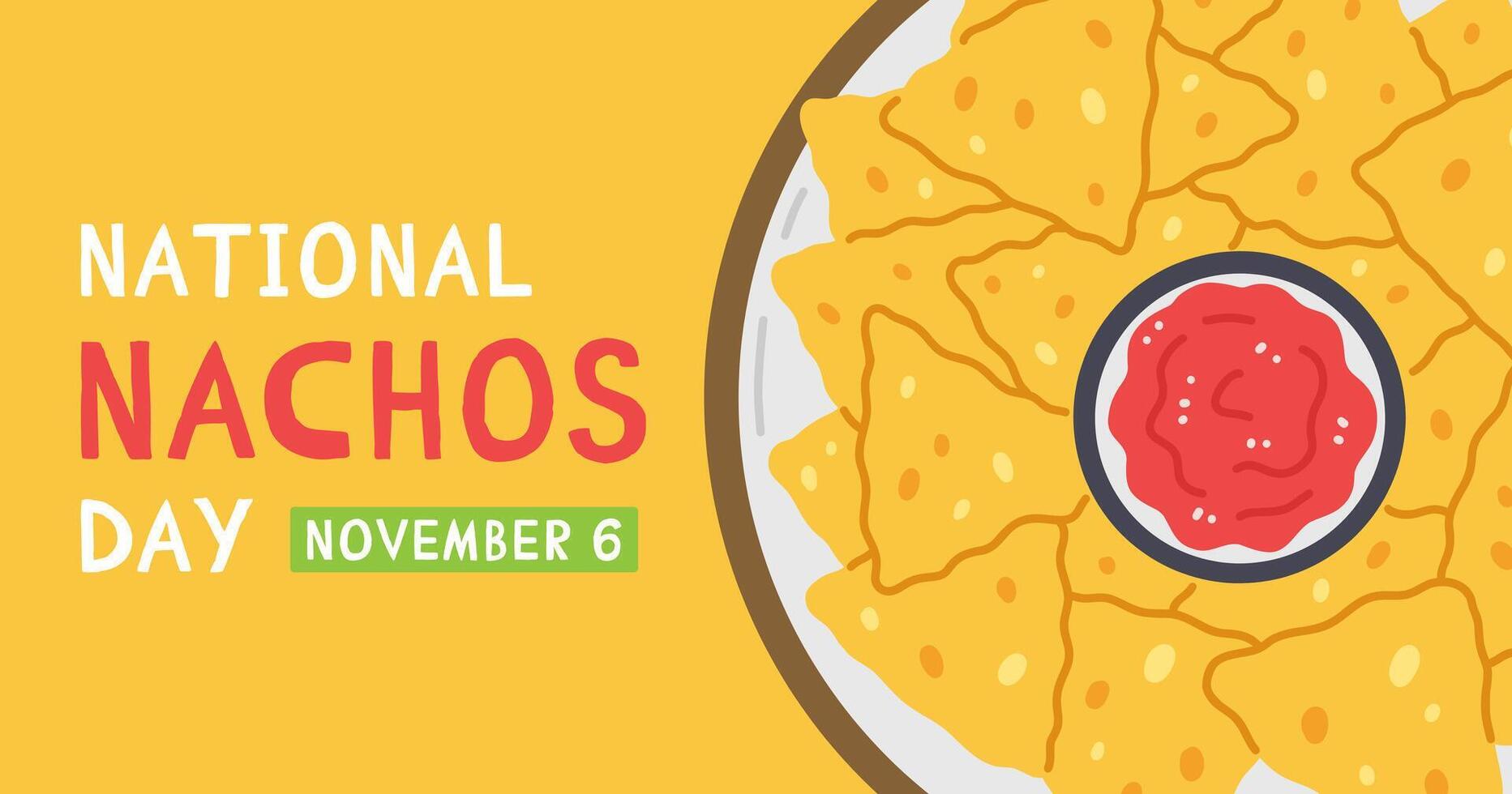 National nachos Day banner design. Mexican snack nachos in a cartoon flat style on yellow background. illustration of traditional Mexican food vector