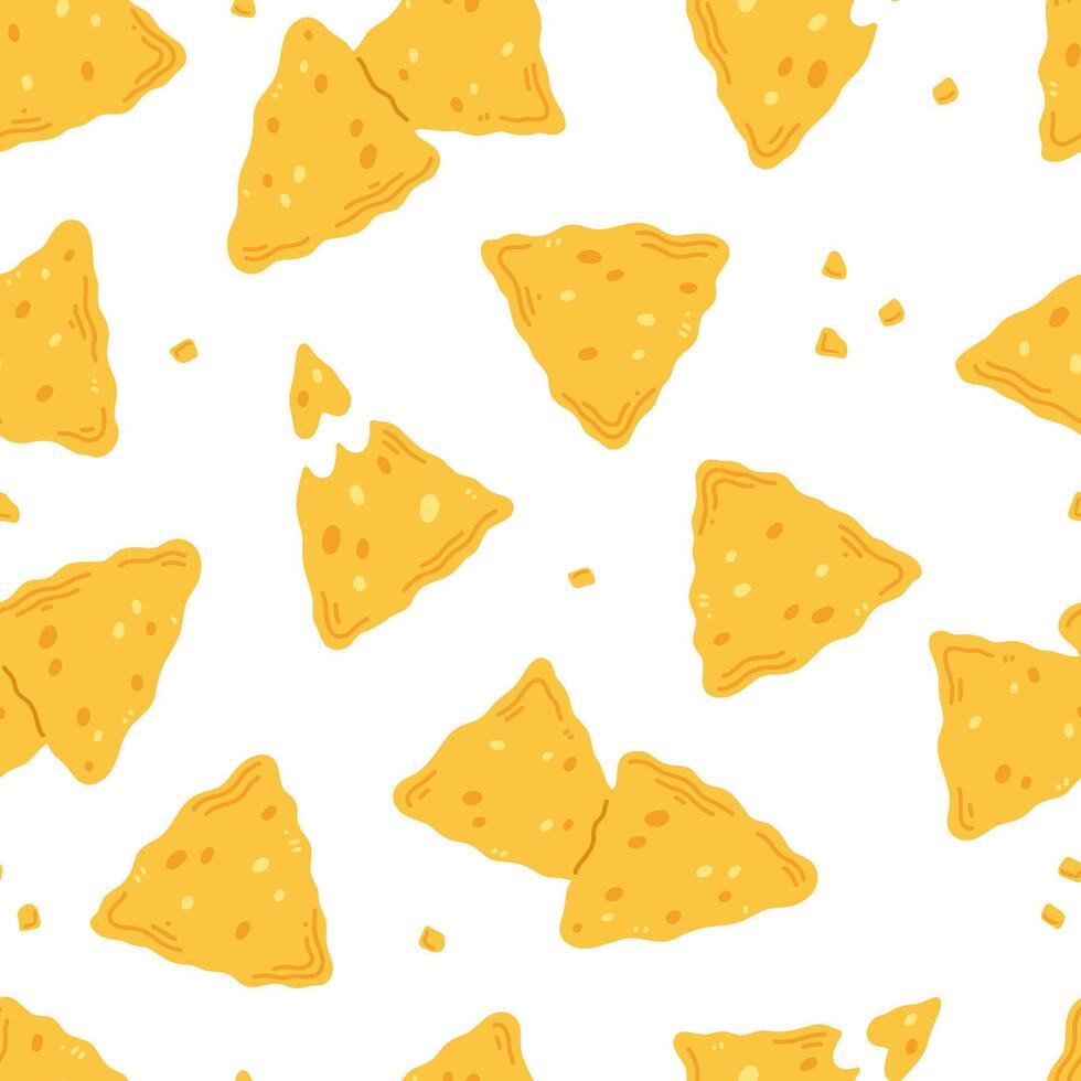 Seamless pattern with nachos snack in cartoon flat style on a white background. illustration background with traditional Mexican food. vector