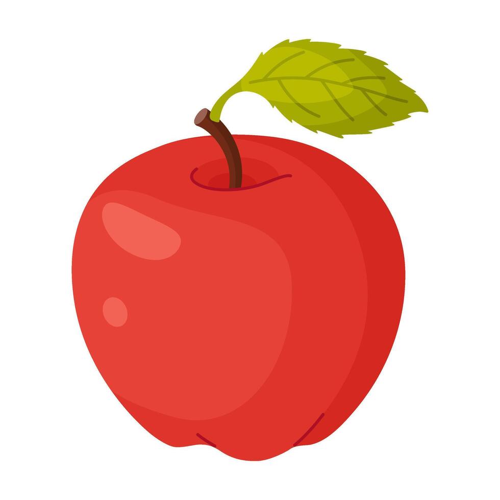 Red ripe apple with leaf, fresh garden fruit. Hand drawn food clipart. Whole fruit with green leaf, Flat style isolated on transparent background. illustration vector