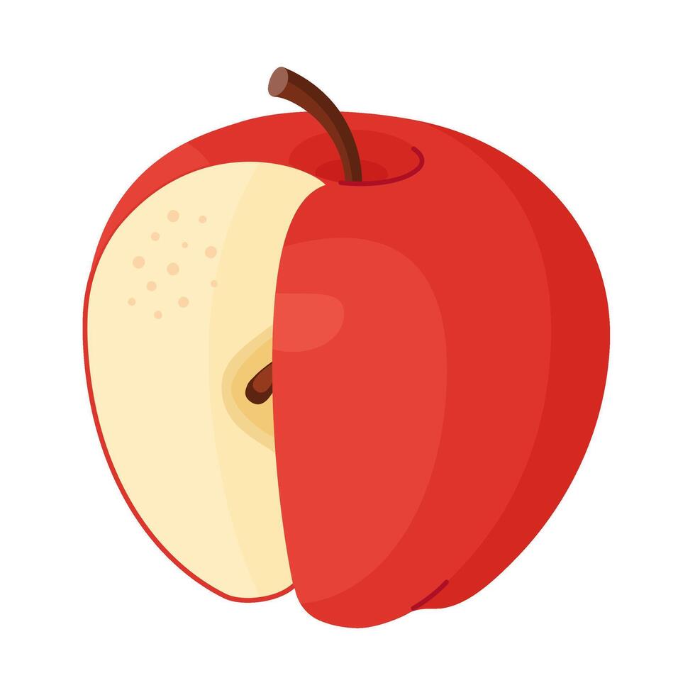 Fresh red apple with cut out segment, fresh garden fruit. Cut apple Hand drawn food clipart, flat style, isolated on transparent background. Red Delicious illustration vector