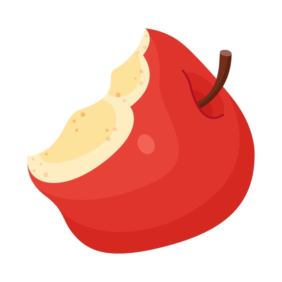 Red juicy apple with bitten off piece. Hand drawn trendy flat style isolated icon on a transparent background. Bitten apple fresh garden fruit. Red Delicious illustration vector