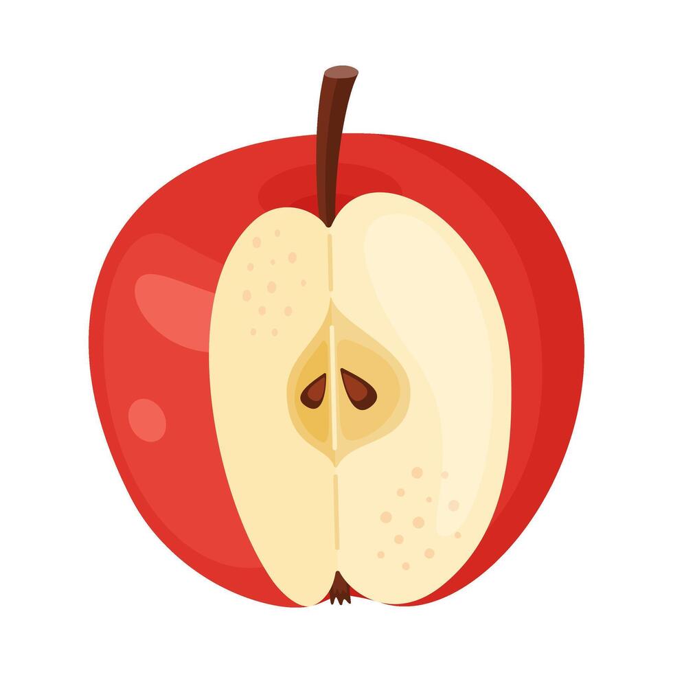 Fresh red apple with cut out segment, fresh garden fruit. Cut apple Hand drawn food clipart, flat style, isolated on transparent background illustration vector