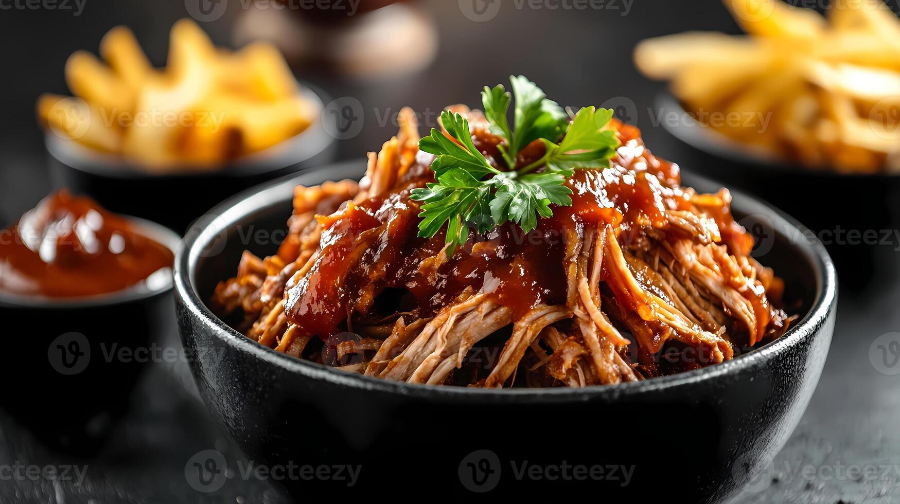 Pulled pork garnished with parsley and barbecue sauce in black bowl photo