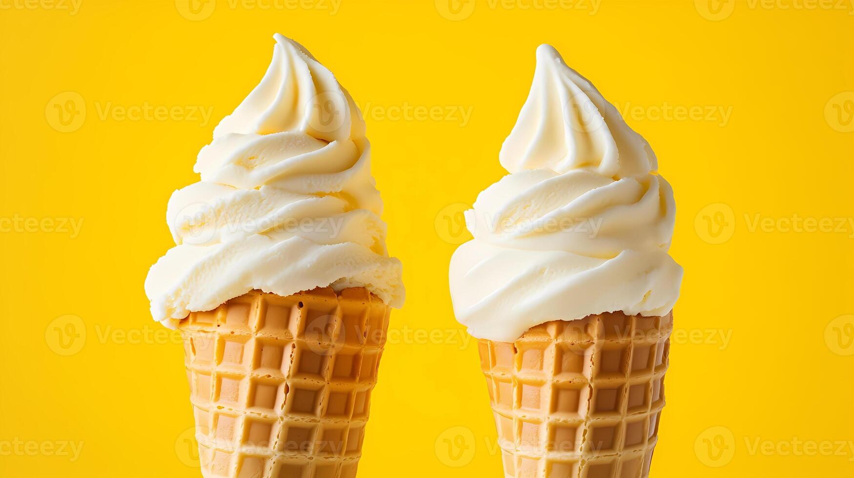 Two vanilla soft serve ice cream cones on vibrant yellow background photo