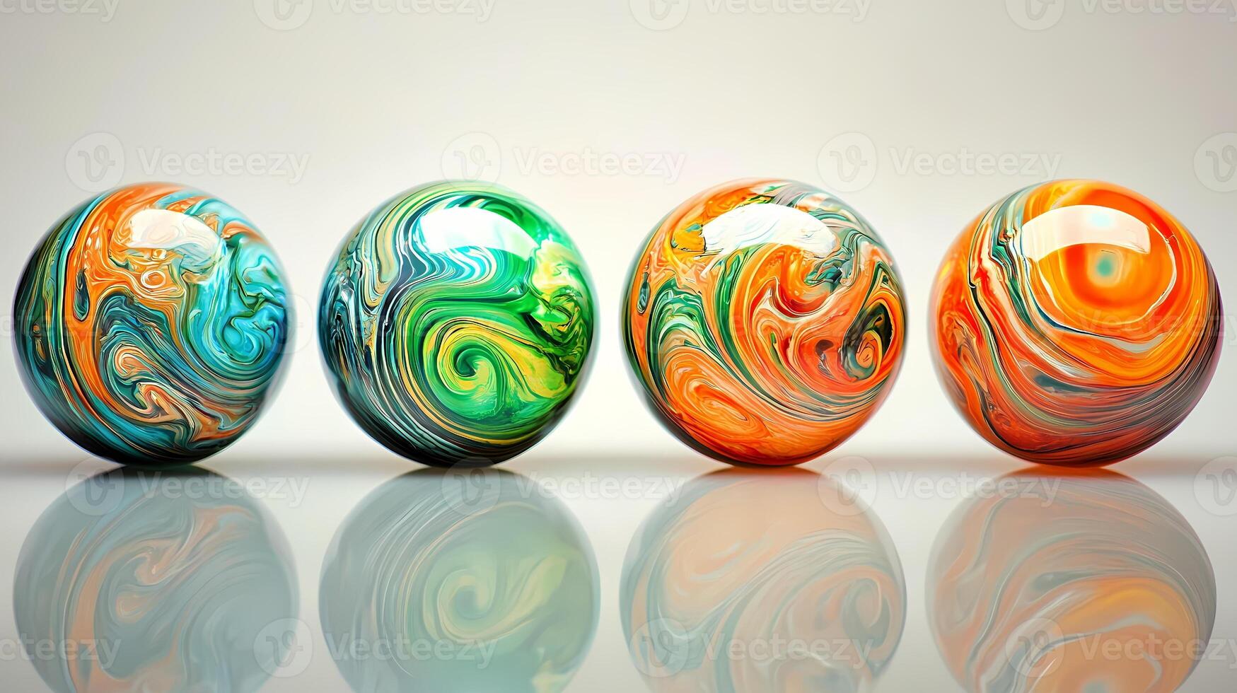 Colorful spheres showing swirling and vibrant patterns reflecting on surface photo