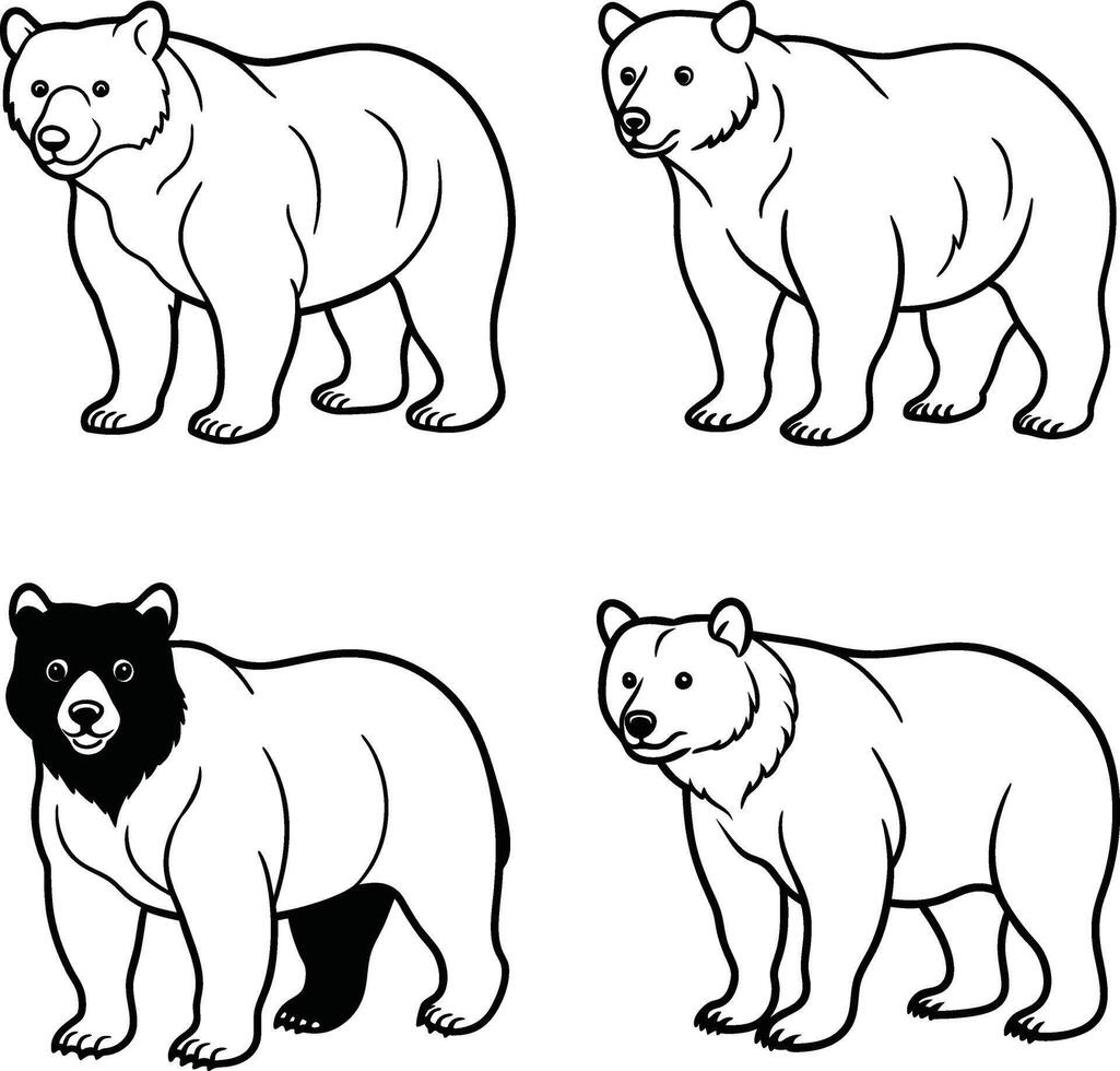 Bear line art cartoon with different facial expressions wildlife illustration coloring page vector