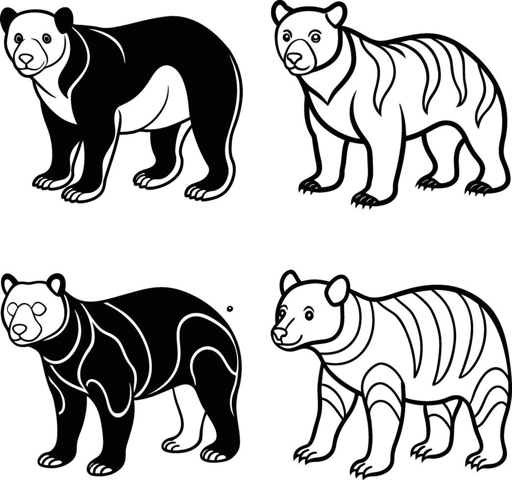 Wildlife bear cartoon line drawing with various expressions for coloring page vector