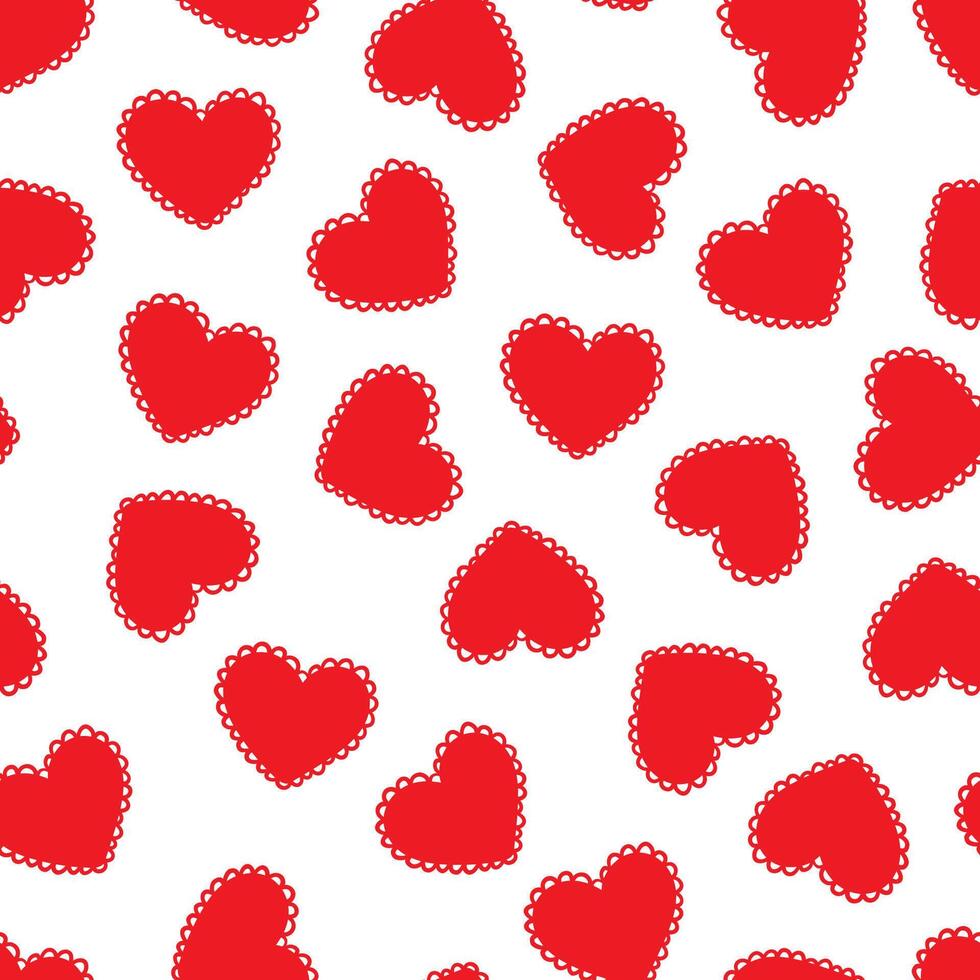 Red hearts with lace edge seamless pattern. Scalloped Edge Heart Valentines day frill texture vector