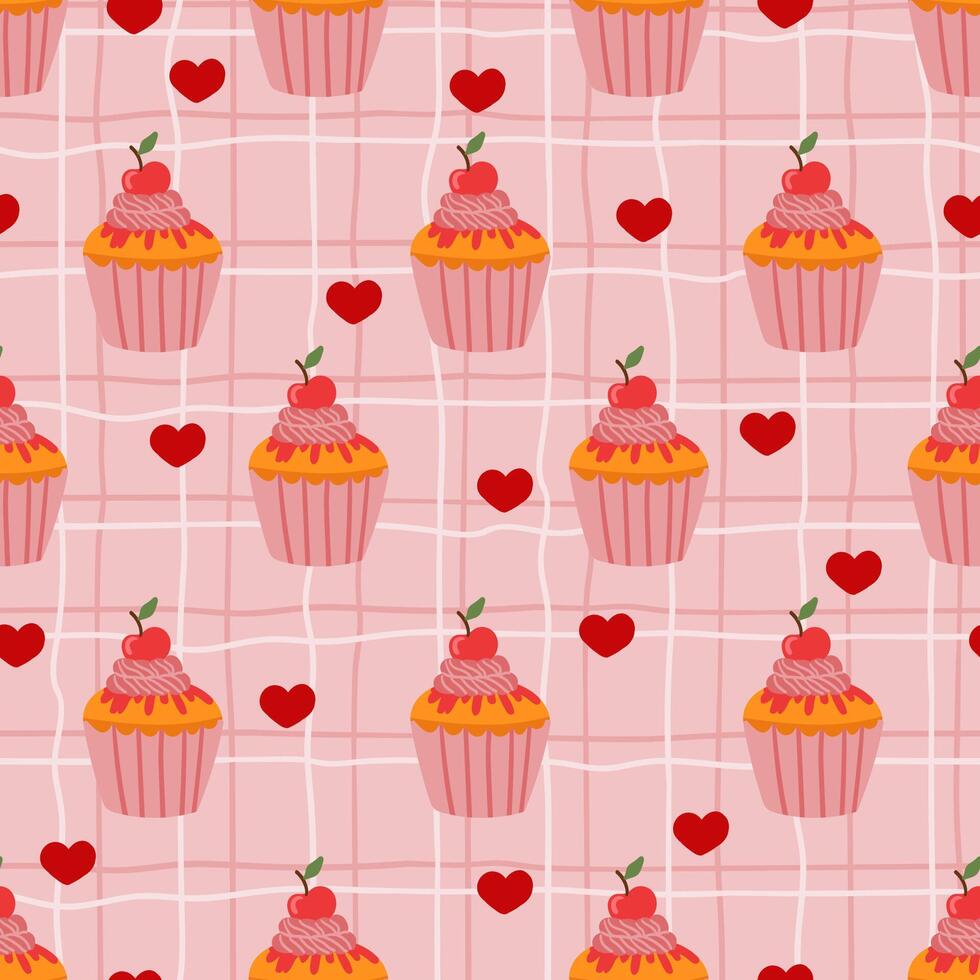 cup cakes with Red heart on grid cell checkered seamless pattern, pastry Valentines day texture vector